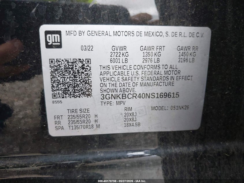 2022 Chevrolet Blazer Fwd 2Lt VIN: 3GNKBCR40NS169615 Lot: 45170756