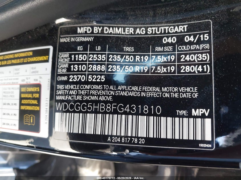 2015 Mercedes-Benz Glk 350 VIN: WDCGG5HB8FG431810 Lot: 45170772