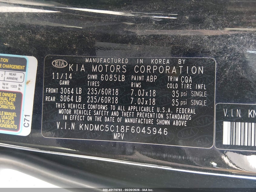 2015 Kia Sedona Sx VIN: KNDMC5C18F6045946 Lot: 45170783