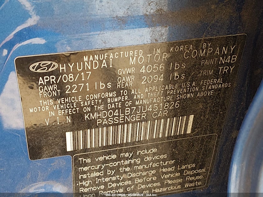 VIN KMHD04LB7JU451826 2018 HYUNDAI ELANTRA SPORT