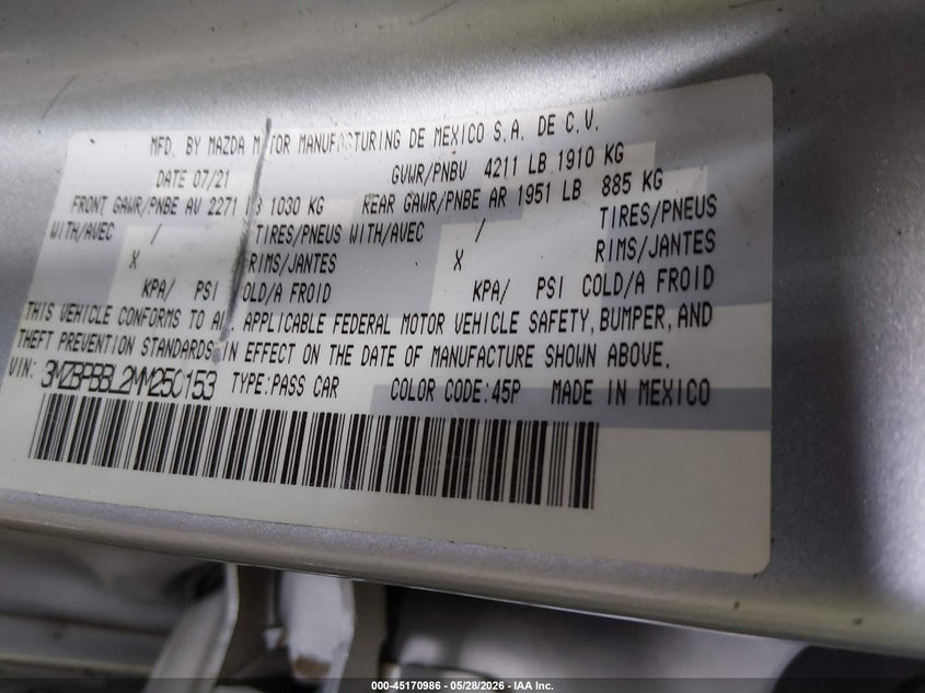 VIN: 3MZBPBBL2MM250153 2021 MAZDA MAZDA3 SELECT