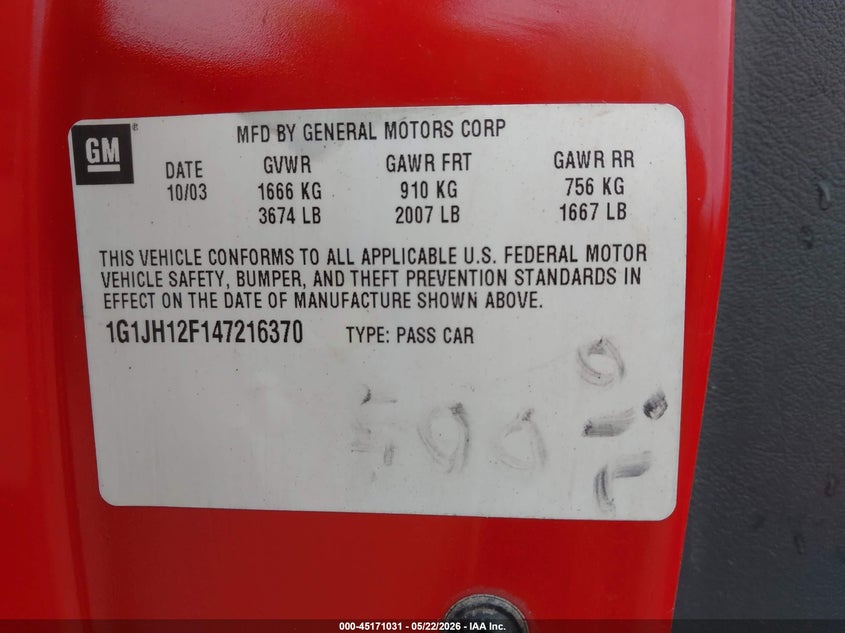 2004 Chevrolet Cavalier Ls Sport VIN: 1G1JH12F147216370 Lot: 45171031