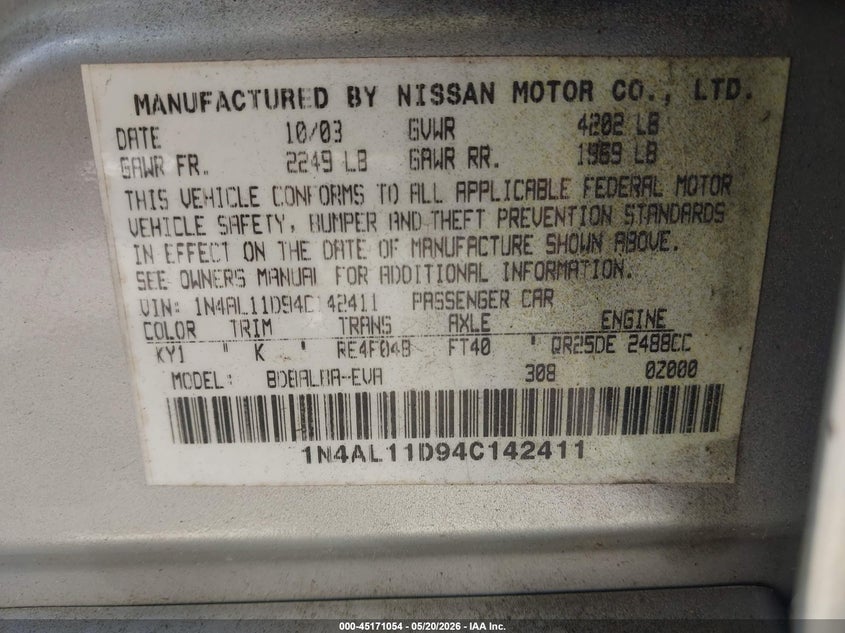 2004 Nissan Altima 2.5 S VIN: 1N4AL11D94C142411 Lot: 45171054