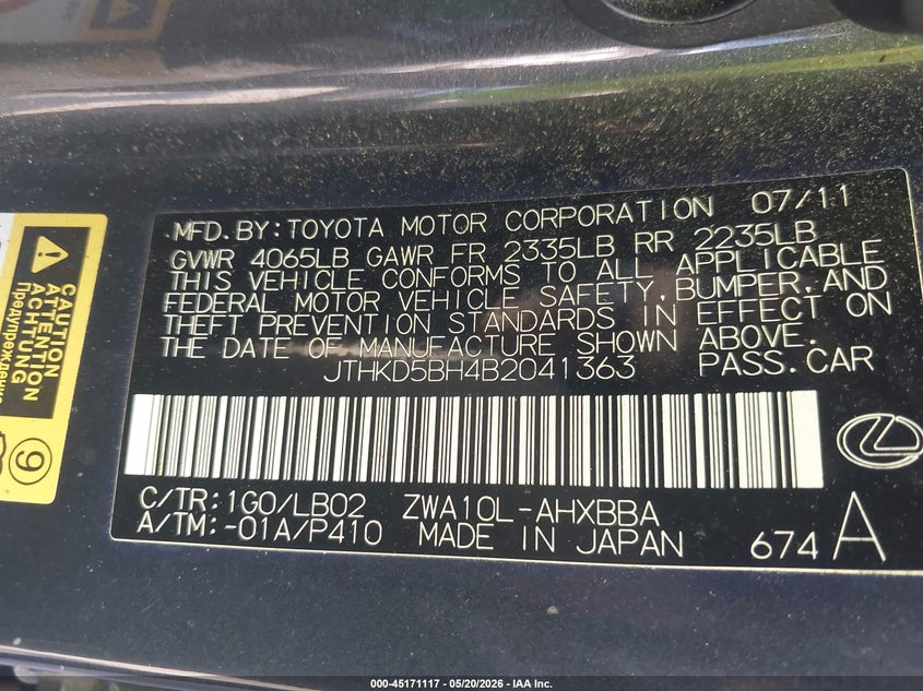 2011 Lexus Ct 200H Premium VIN: JTHKD5BH4B2041363 Lot: 45171117