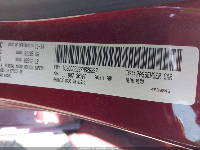 CHRYSLER 200 2015 VIN 1C3CCCBB8FN626397