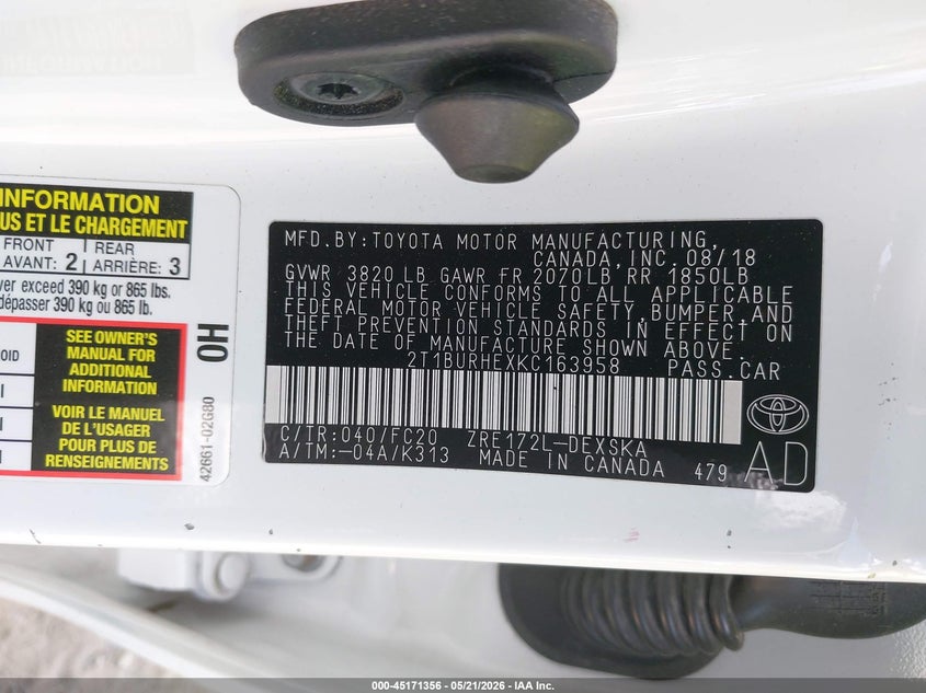2019 TOYOTA COROLLA SEDAN 1.8L I-4 DOHC, VVT, 132HP
