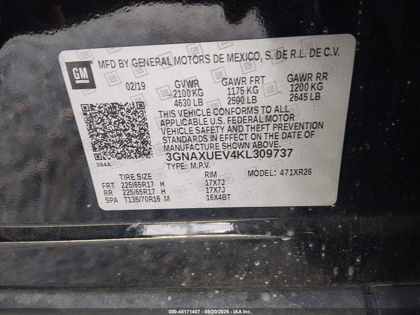 CHEVROLET EQUINOX 2019 VIN 3GNAXUEV4KL309737