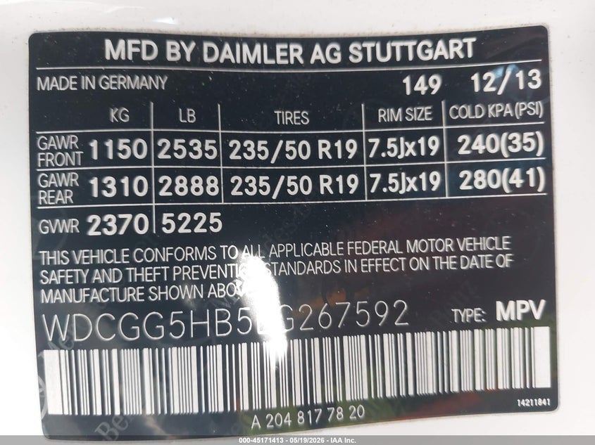 2014 Mercedes-Benz Glk 350 VIN: WDCGG5HB5EG267592 Lot: 45171413