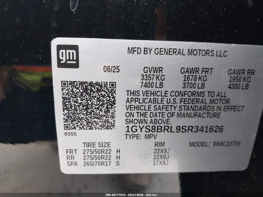 2025 Cadillac Escalade Premium Luxury VIN: 1GYS8BRL9SR341626 Lot: 45171519
