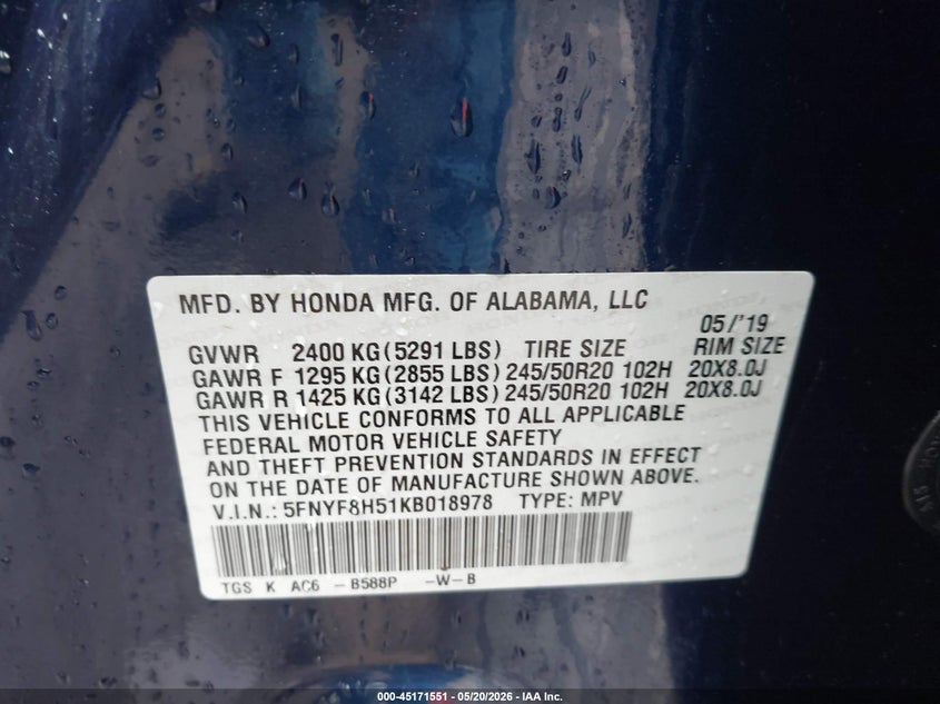 2019 Honda Passport Ex-L VIN: 5FNYF8H51KB018978 Lot: 45171551