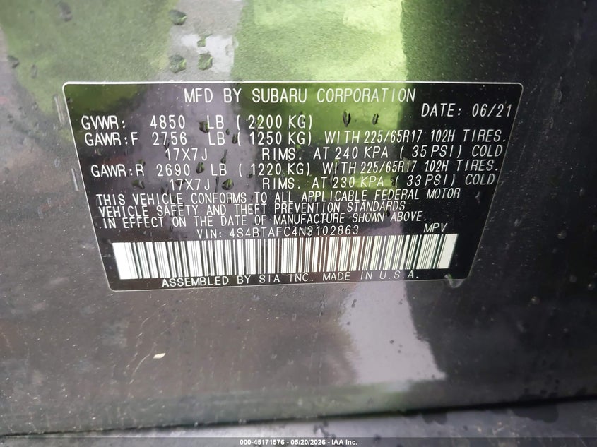 2022 Subaru Outback Premium VIN: 4S4BTAFC4N3102863 Lot: 45171576