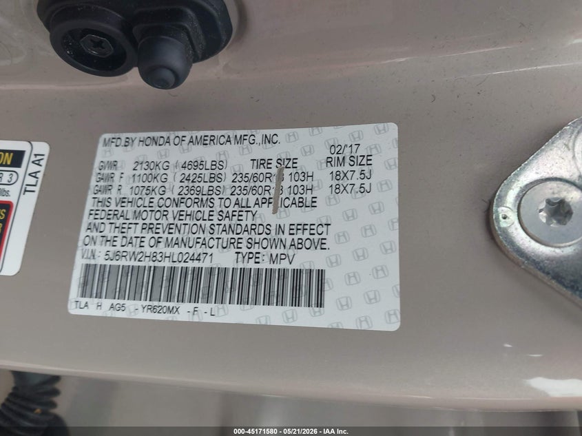 VIN 5J6RW2H83HL024471 2017 HONDA CR-V EXL