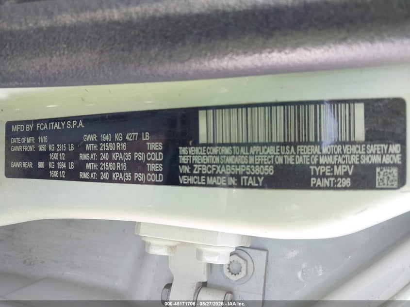 2017 Fiat 500X Pop Fwd VIN: ZFBCFXAB5HP538056 Lot: 45171706