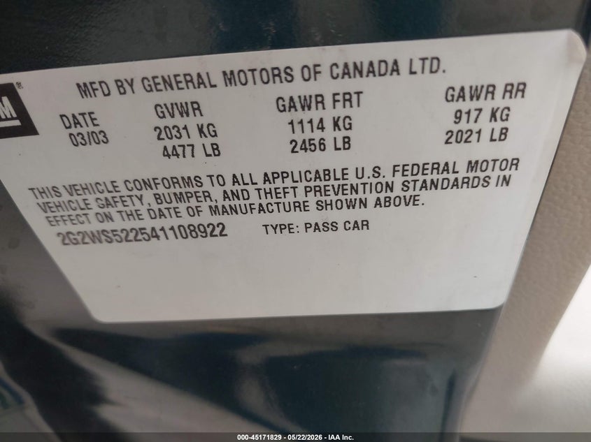 2004 Pontiac Grand Prix Gt2 VIN: 2G2WS522541108922 Lot: 45171829