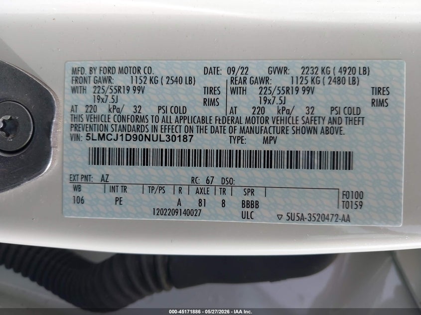 2022 Lincoln Corsair Standard VIN: 5LMCJ1D90NUL30187 Lot: 45171886