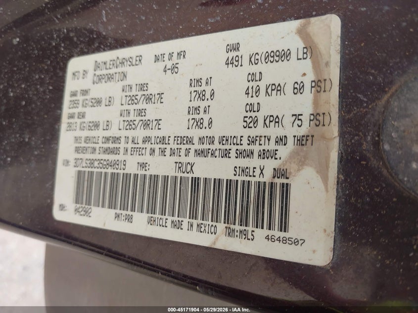 2005 Dodge Ram 3500 Slt/Laramie VIN: 3D7LS38C35G840919 Lot: 45171904