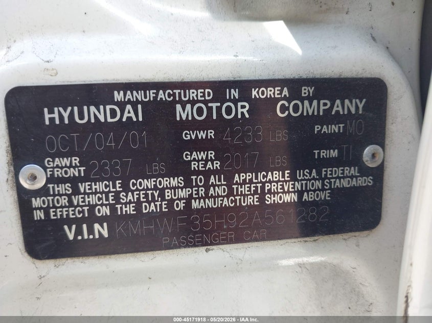 2002 Hyundai Sonata Gls/Lx VIN: KMHWF35H92A561282 Lot: 45171918