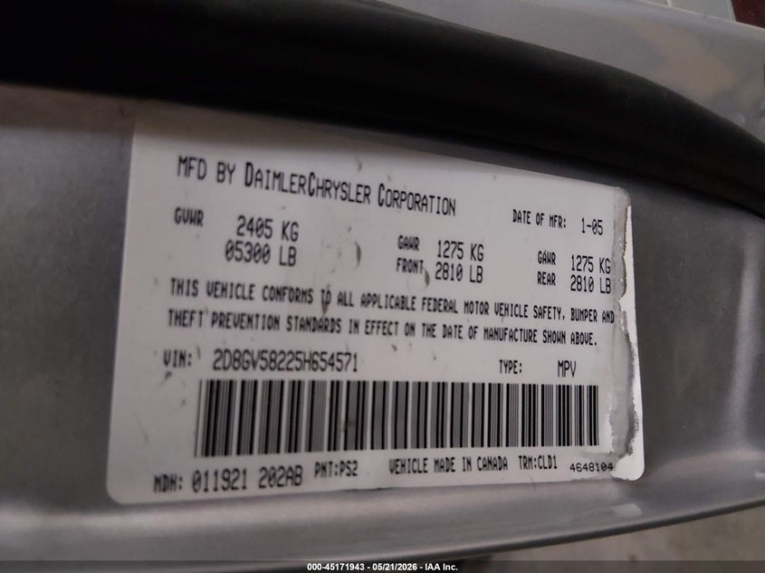 2005 Dodge Magnum Rt VIN: 2D8GV58225H654571 Lot: 45171943
