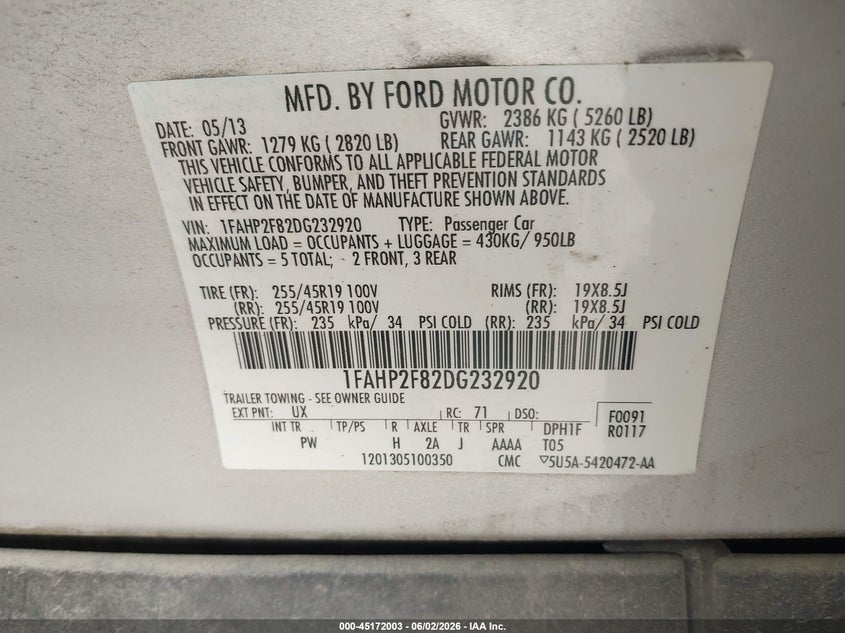 2013 Ford Taurus Limited VIN: 1FAHP2F82DG232920 Lot: 45172003