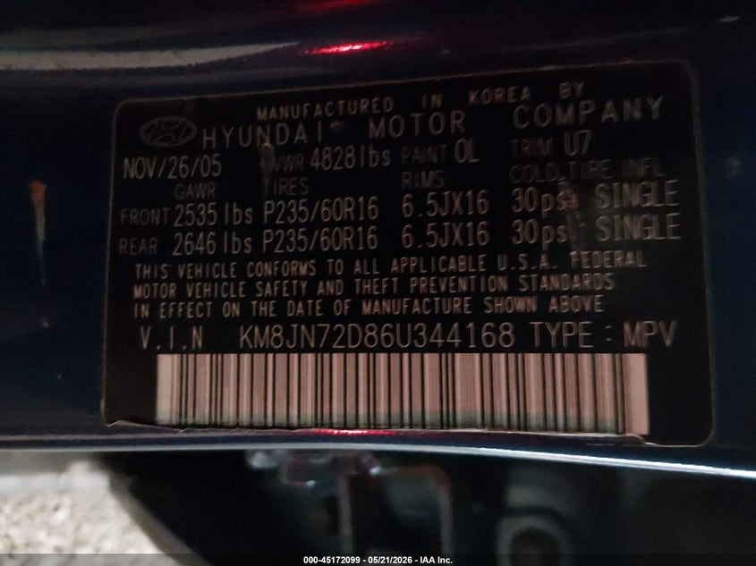 2006 Hyundai Tucson Gls/Limited VIN: KM8JN72D86U344168 Lot: 45172099