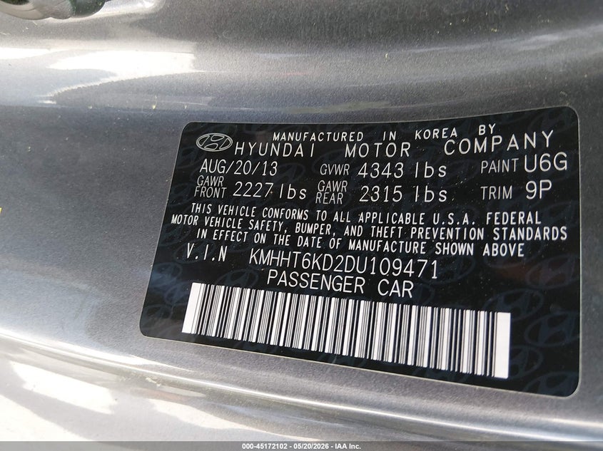 2013 Hyundai Genesis 2.0T Premium VIN: KMHHT6KD2DU109471 Lot: 45172102
