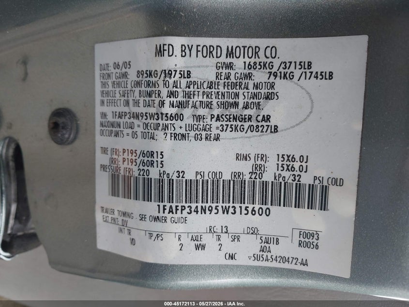 FORD FOCUS 2005 VIN 1FAFP34N95W315600