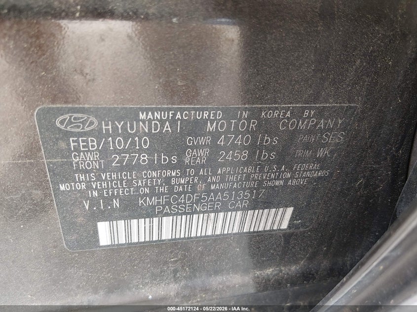 2010 Hyundai Azera Limited VIN: KMHFC4DF5AA513517 Lot: 45172124