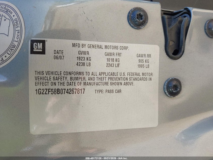 2007 Pontiac G6 Value Leader VIN: 1G2ZF58B074267817 Lot: 45172128