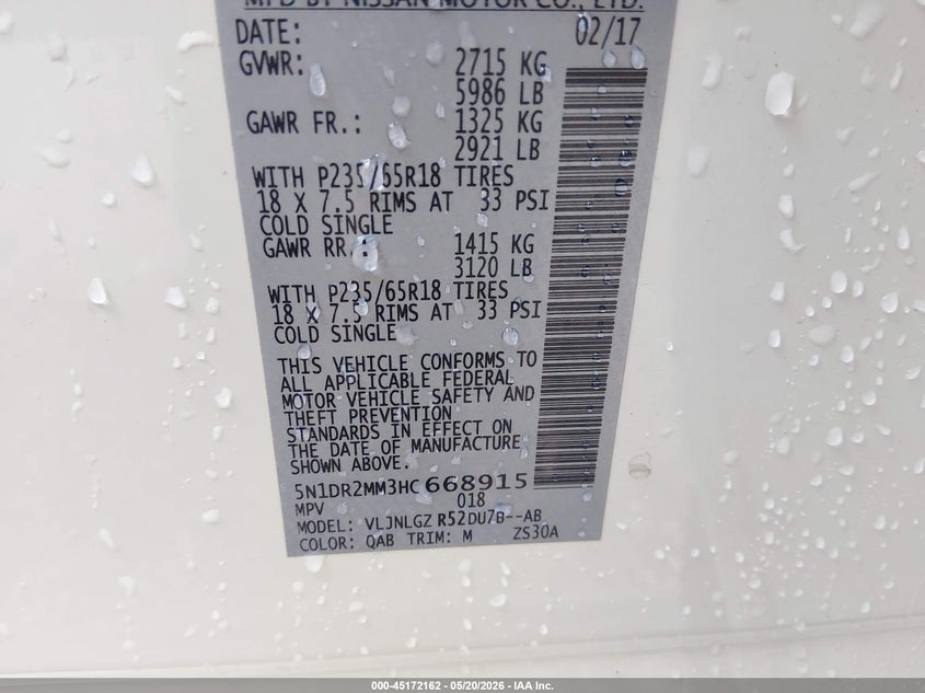 VIN 5N1DR2MM3HC668915 2017 NISSAN PATHFINDER SL