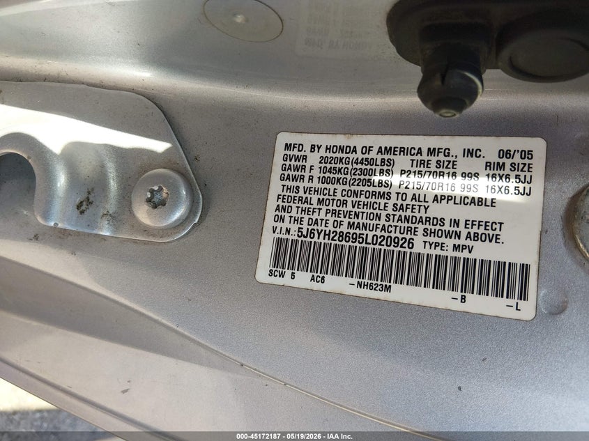 2005 Honda Element Ex VIN: 5J6YH28695L020926 Lot: 45172187