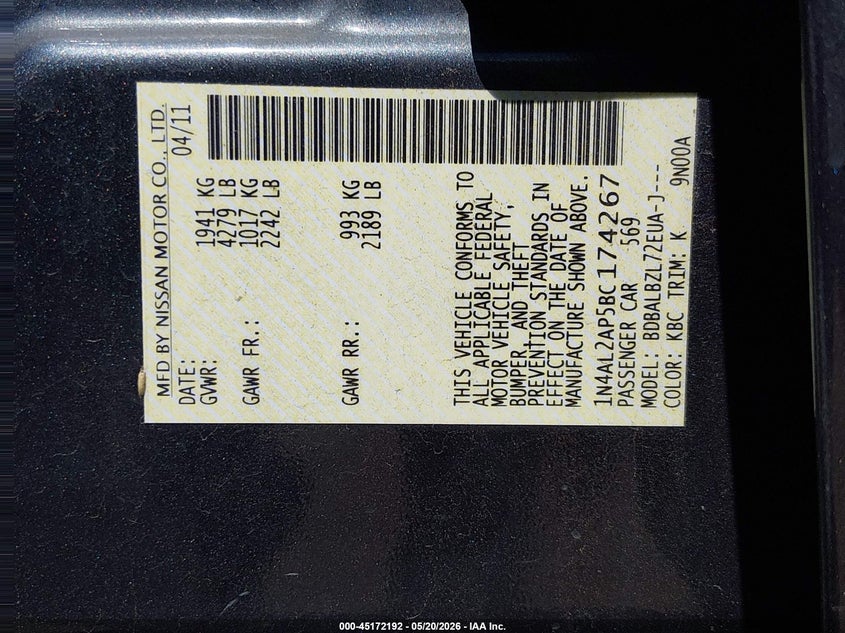 2011 NISSAN ALTIMA SEDAN 2.5L I-4 DOHC, VVT, 170HP
