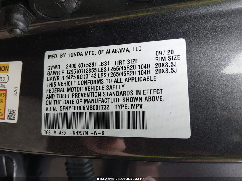 2021 Honda Passport Awd Elite VIN: 5FNYF8H06MB001732 Lot: 45172333