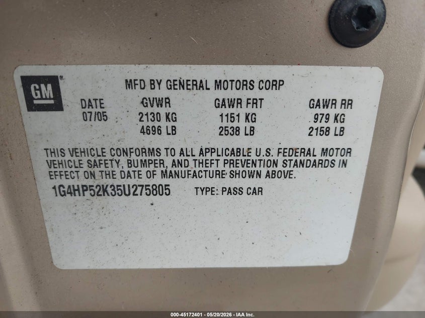2005 Buick Lesabre Custom VIN: 1G4HP52K35U275805 Lot: 45172401