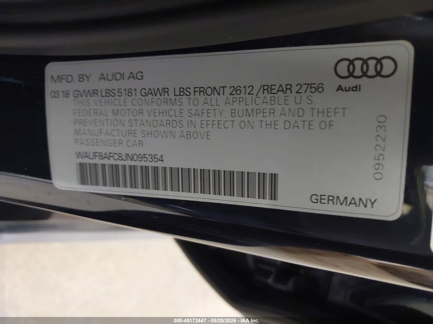 2018 Audi A6 Premium/Sport VIN: WAUFHAFC8JN095354 Lot: 45172447