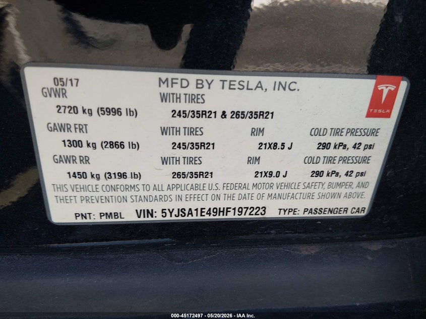 TESLA MODEL S 2017 VIN 5YJSA1E49HF197223