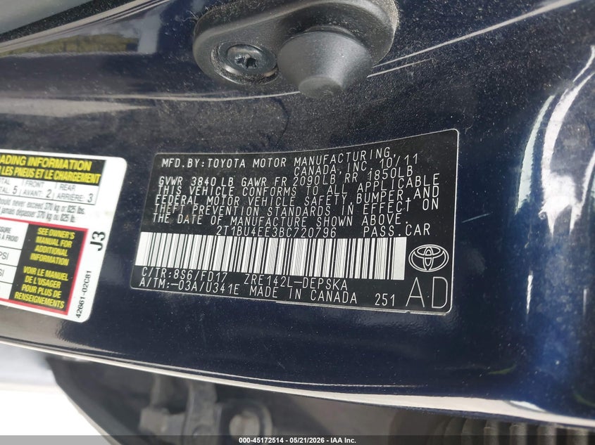 2011 Toyota Corolla 1.8 S Blue Lot 111045172514 Vin 2T1BU4EE3BC720796