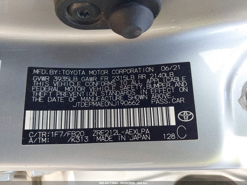 VIN JTDEPMAE0NJ190662 2022 TOYOTA COROLLA LE
