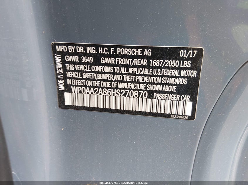 2017 Porsche 718 Cayman VIN: WP0AA2A86HS270870 Lot: 45172752