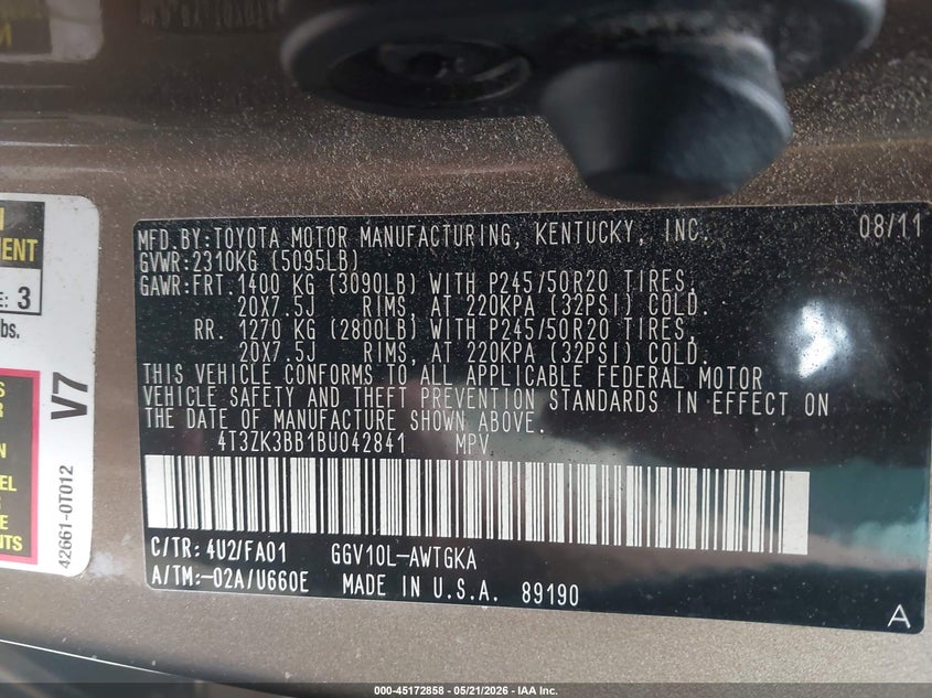 2011 Toyota Venza Base V6 VIN: 4T3ZK3BB1BU042841 Lot: 45172858
