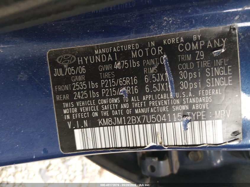 2007 Hyundai Tucson Gls VIN: KM8JM12BX7U504115 Lot: 45172876