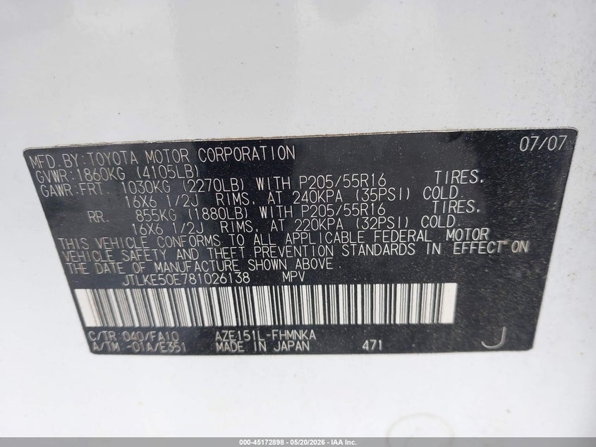 2008 Scion Xb VIN: JTLKE50E781026138 Lot: 45172898