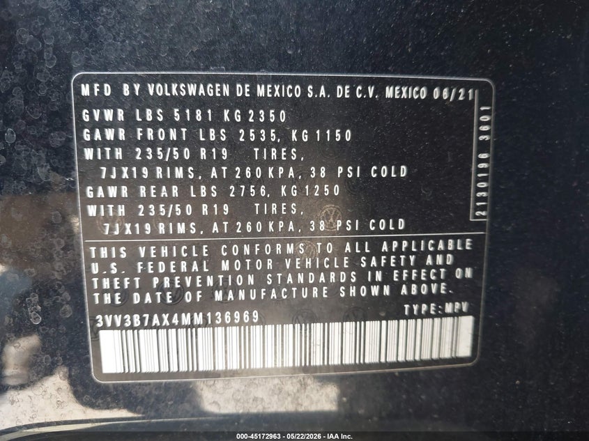 2021 VOLKSWAGEN TIGUAN 2.0L I-4 DI, DOHC, V(VIN: 3VV3B7AX4MM136969