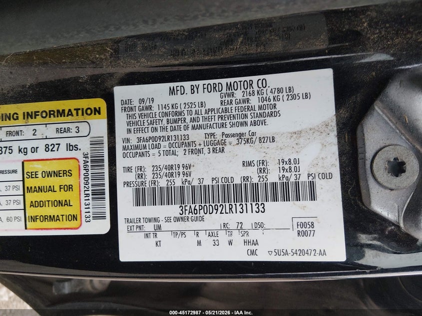 VIN 3FA6P0D92LR131133 2020 FORD FUSION TITANIUM