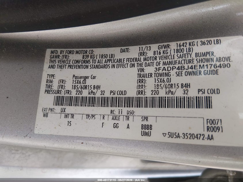 2014 FORD FIESTA SEDAN 1.6L I-4 DOHC, VVT, 120HP