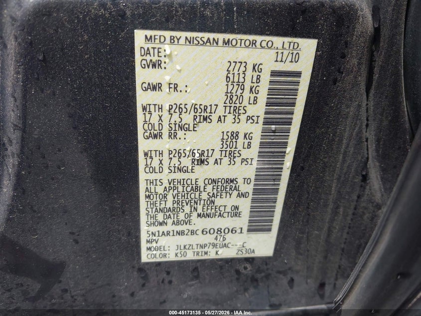 2011 Nissan Pathfinder Sv VIN: 5N1AR1NB2BC608061 Lot: 45173135