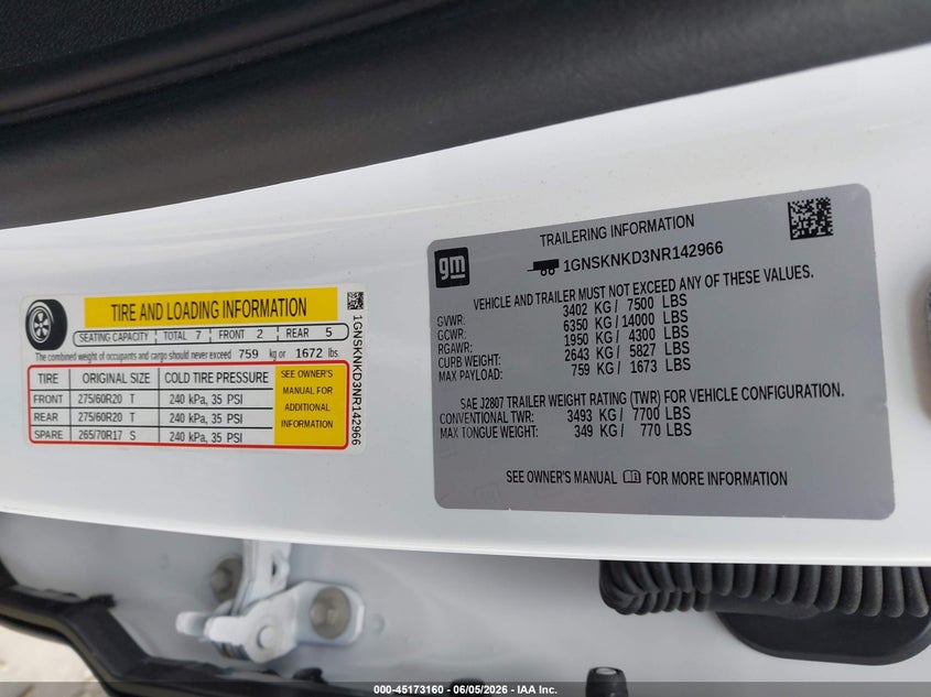 2022 CHEVROLET TAHOE 5.3L V-8 DI, VVT, 35(VIN: 1GNSKNKD3NR142966