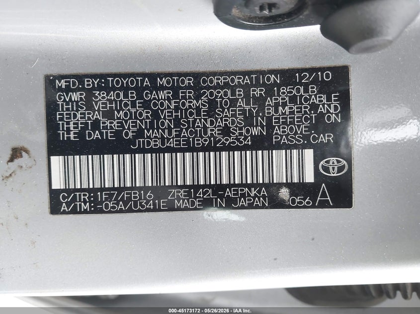 2011 TOYOTA COROLLA SEDAN 1.8L I-4 DOHC, VVT, 132HP
