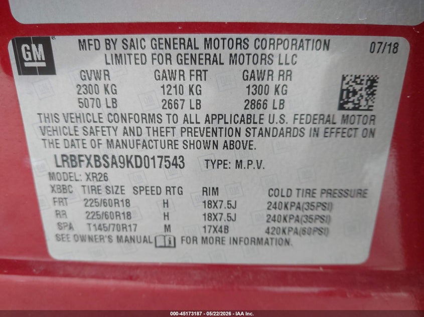VIN: LRBFXBSA9KD017543 2019 BUICK ENVISION FWD PREFERRED