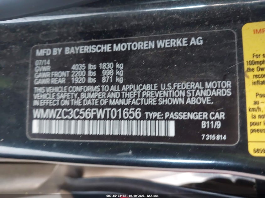 2015 Mini Countryman Cooper S VIN: WMWZC3C56FWT01656 Lot: 45173188