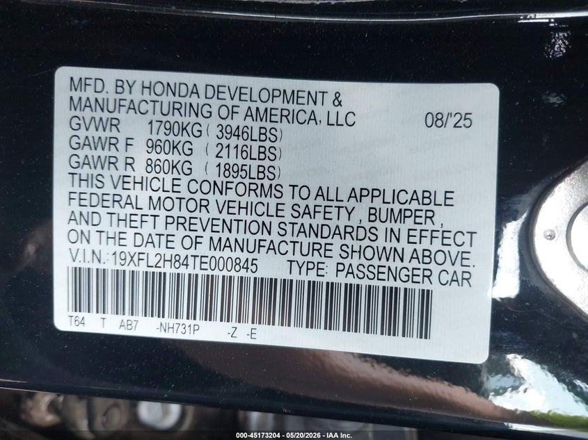 VIN 19XFL2H84TE000845 2026 HONDA CIVIC SPORT